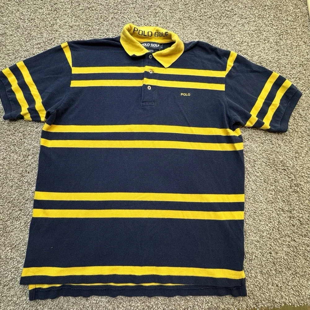 Polo Golf Ralph Lauren Shirt‎ Mens Large Navy Yellow Vintage Pique Striped Pony